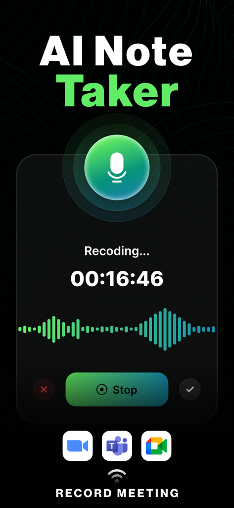 AI Note Taker- Meeting Minutes - AI Note Taker app interface recording a meeting with voice waveform and conference call icons