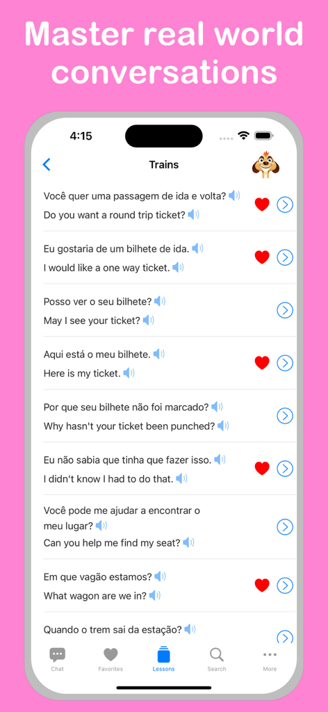 ポルトガル語学習アプリのスクリーンショットで、音声と「お気に入り」オプション付きで電車での旅行に役立つ実用的なフレーズのリストを表示