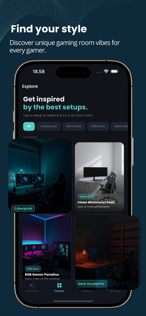 Game Room AI Designer - The explore screen of Game Room AI Designer app showing different gaming room aesthetics like Cyberpunk and Minimalist