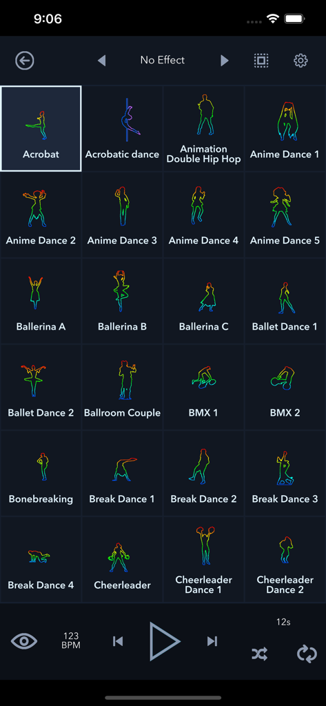 LaserOS - Interface of the LaserOS app showing a library of colorful laser animation presets including dancers and BMX riders
