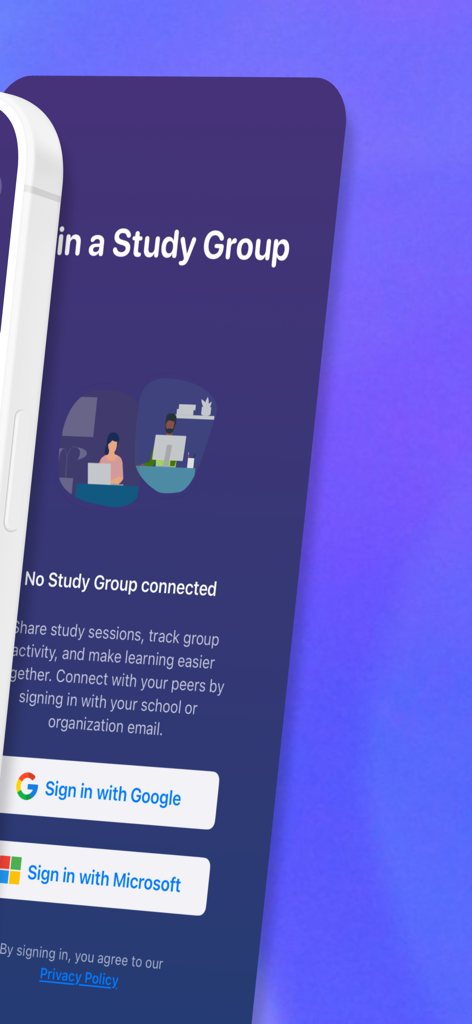 StudyLock: Block Distractions - Join a Study Group screen with options to sign in with Google or Microsoft
