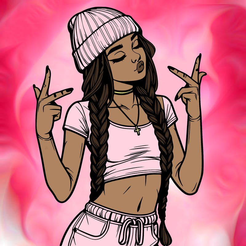 realistic teenage girl with braids and a beanie and crop top doing 🫶🏼