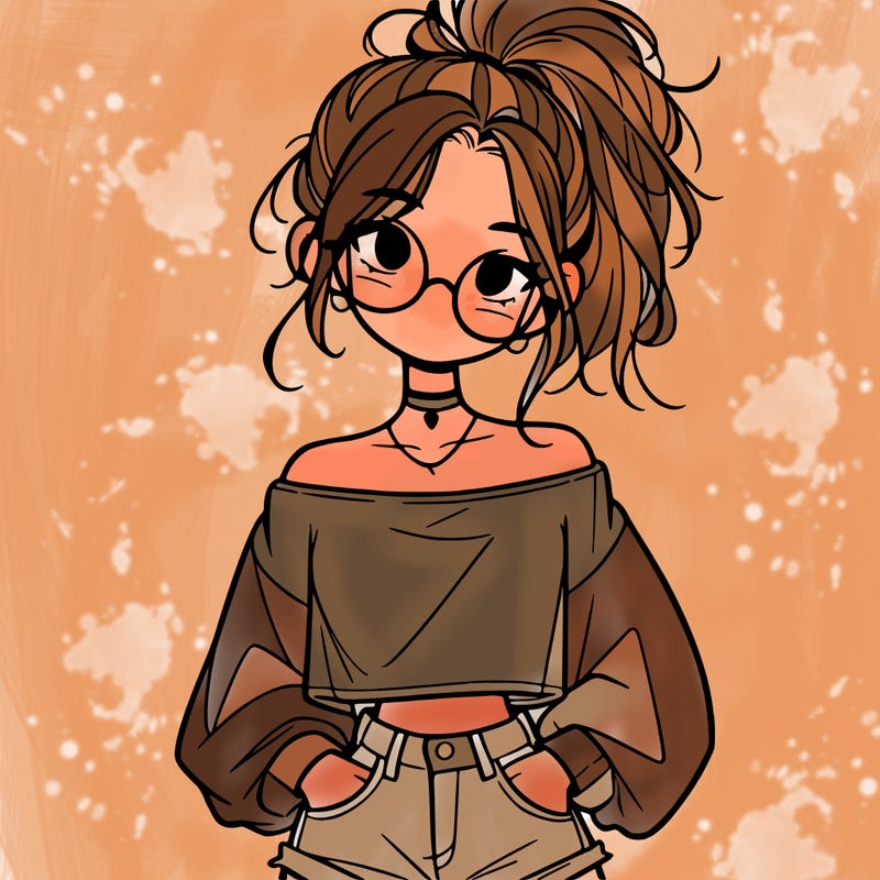 girl with a messy ponytail glasses a baggy crop top and jean shorts