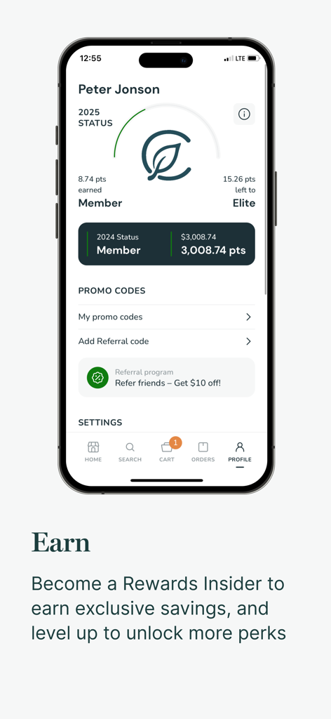 Mobile interface of Curaleaf plus app showing user reward points and membership status progress