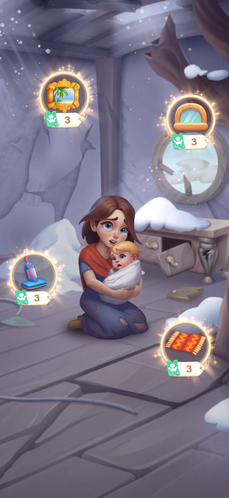 Nuts UP! Bolts Sort Puzzle - A woman and baby in a cold room with furniture renovation options