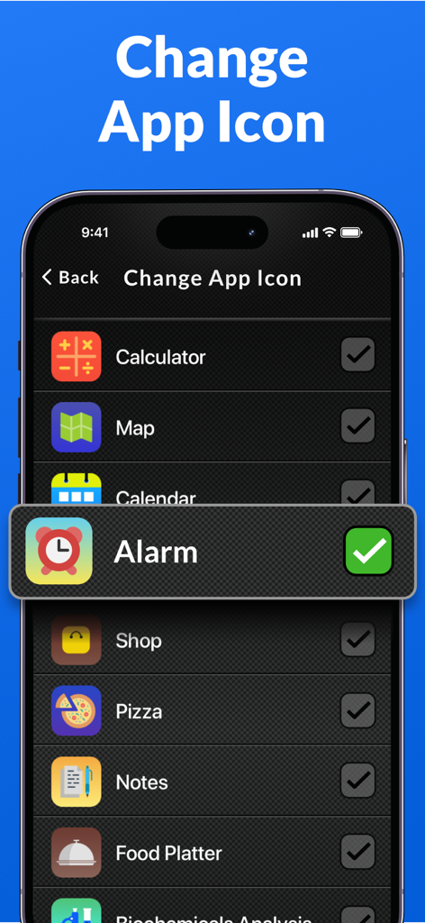 Screenshot showing a list of common icons like Calculator, Map, and Alarm used to disguise the private vault app on a phone's home screen.