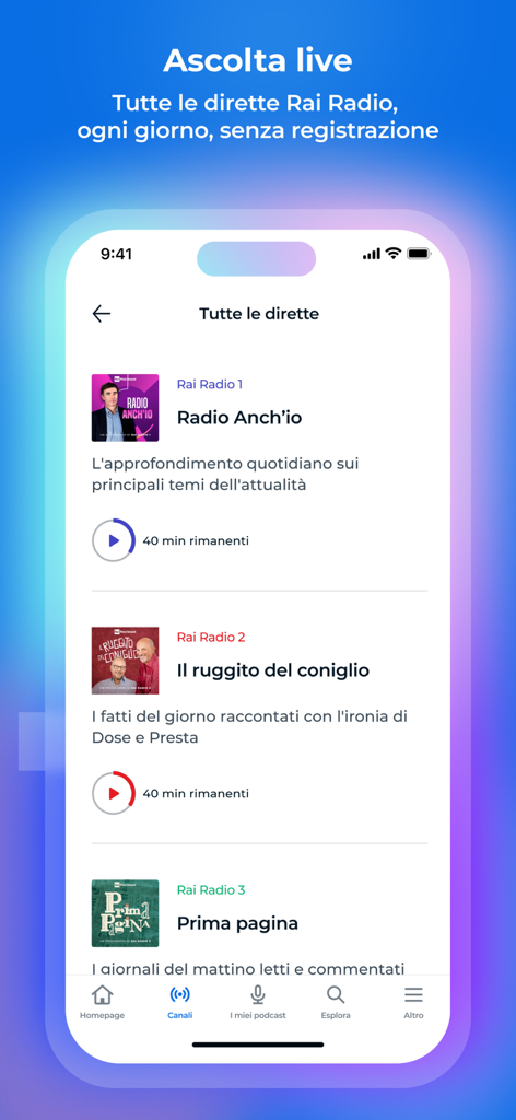 RaiPlay Sound: radio e podcast - RaiPlay Sound アプリのインターフェース。イタリアのライブラジオチャンネルを表示しています。