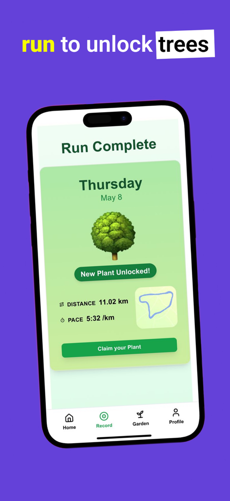 Run Tracker: Run&Grow - A smartphone screen showing a run summary with an unlocked virtual tree and fitness stats