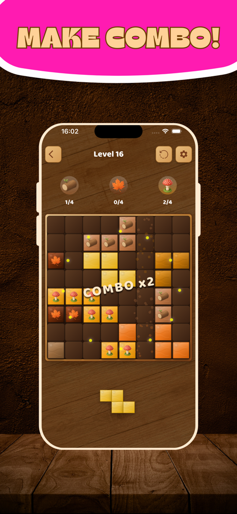 Gameplay von Block Blast 2026, das eine x2-Combo in einem Holz-Wald-Themen-Puzzle zeigt