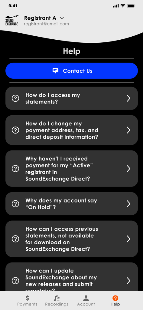 La sección de ayuda y preguntas frecuentes de la aplicación SoundExchange con un botón de contacto y preguntas comunes sobre regalías.
