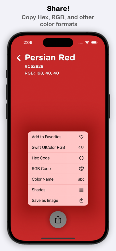 Smartphone screen showing sharing options for Persian Red color with Hex and RGB codes