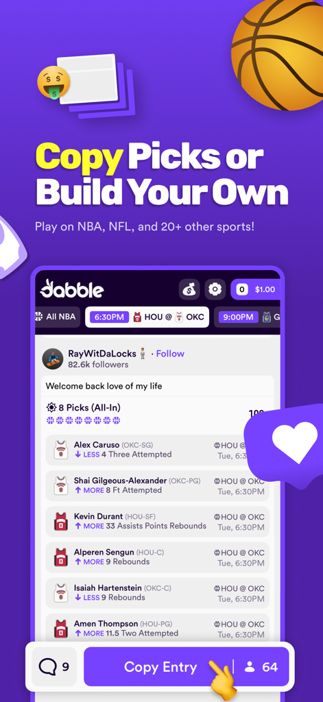 Dabble app screen showing the copy entry feature for NBA player picks with social profiles