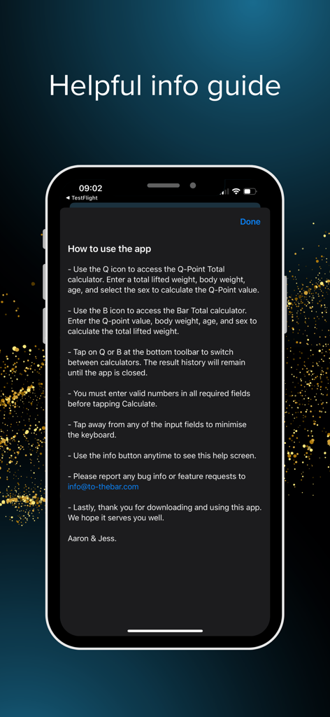 Q-Points Calculator - A screenshot of the Q-Points Calculator app help screen showing user instructions for calculating weightlifting scores.