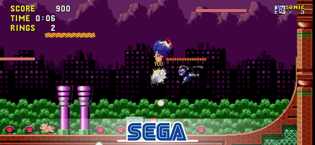 Sonic the Hedgehog attacking a robotic enemy in the Scrap Brain Zone level