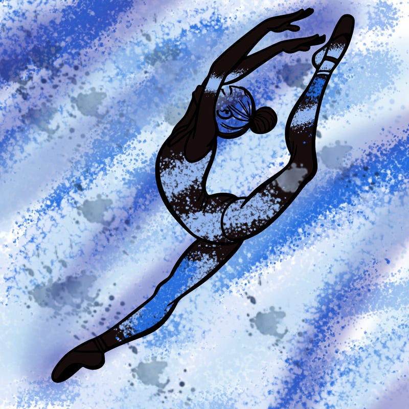 gymnast doing a leap in a leotard with a bent back leg