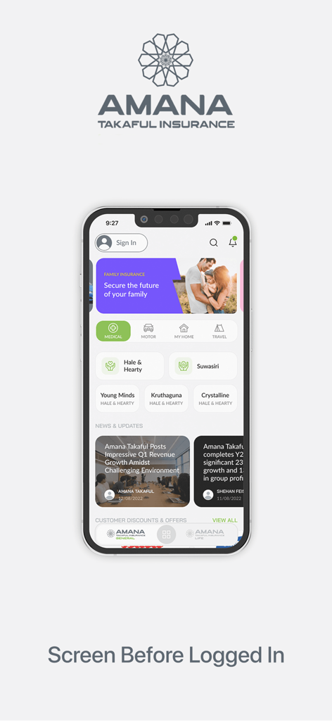 Amana Takaful Insurance App - アマナ・タカフル保険モバイルアプリのホーム画面。家族保険バナーと医療プランが表示されています。