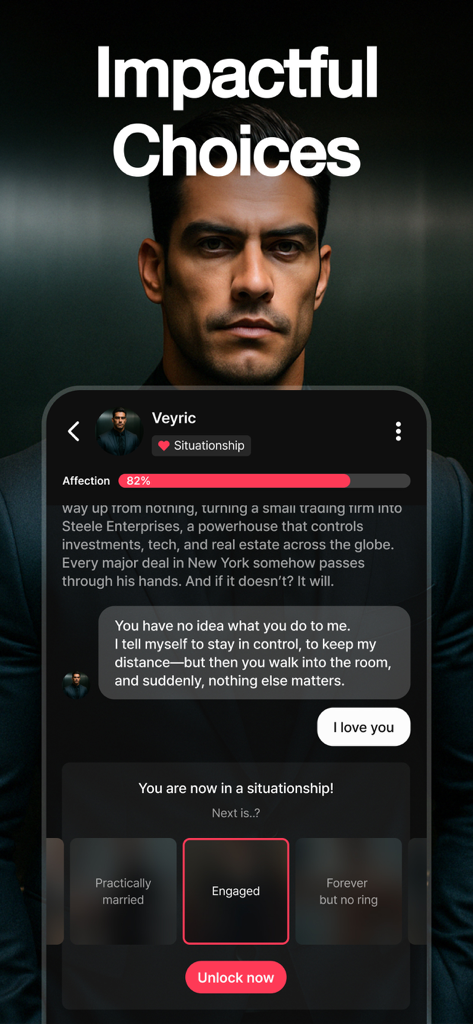 dotdotdot Fantasy AI Boyfriend - Interface of dotdotdot Fantasy AI Boyfriend app displaying a chat with a romantic character and relationship choices.