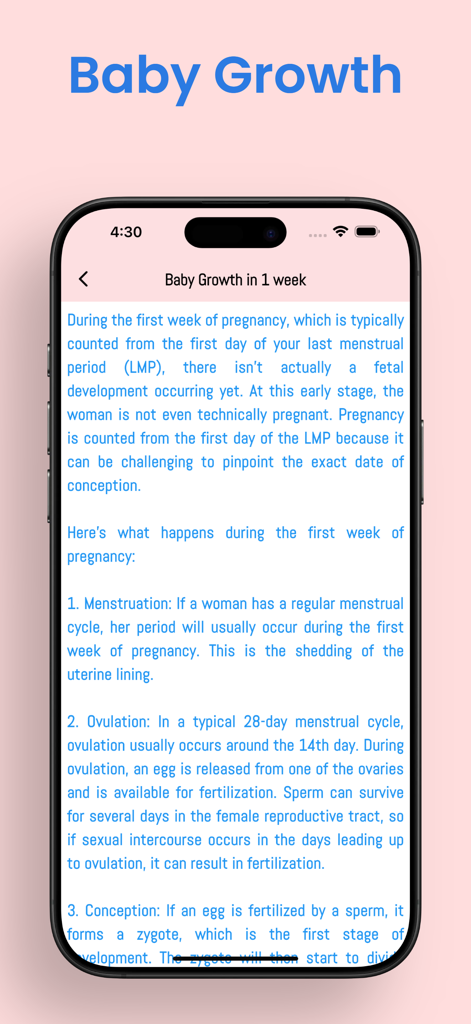 Pregnancy - Baby Tracker App - Pantalla educativa que muestra el crecimiento y desarrollo del bebé durante la primera semana de embarazo