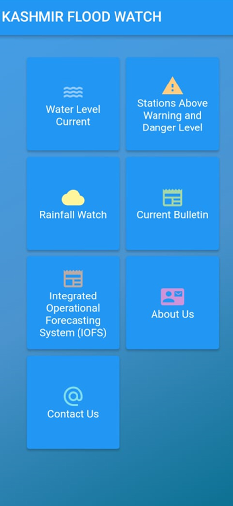 Kashmir Flood Watch I&FC kmr - Main menu of the Kashmir Flood Watch app featuring icons for water levels, rainfall, and emergency warnings.
