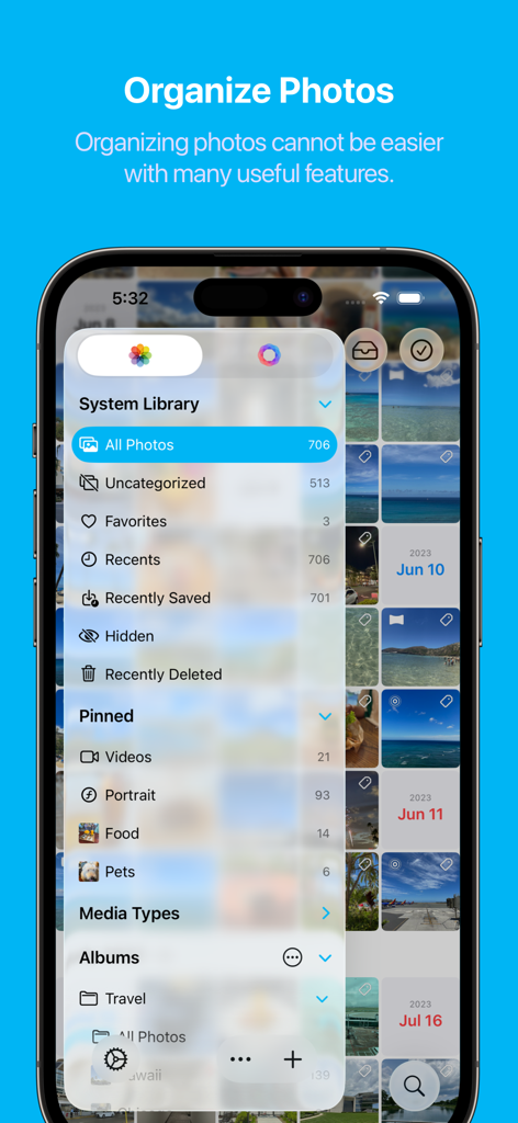 HashPhotos app interface showing system library menu and pinned photo categories for better organization