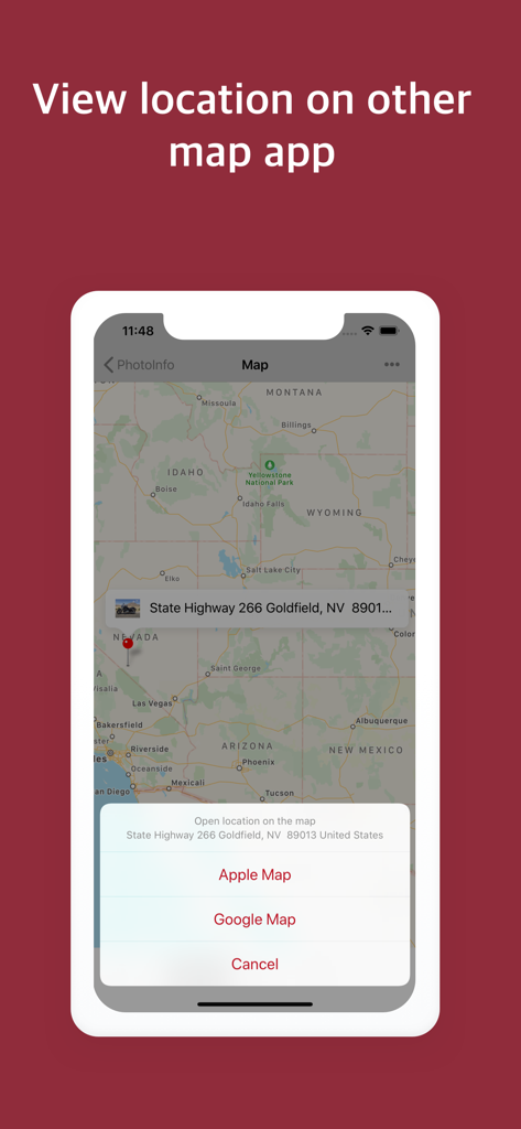 PhotoInfo -EXIF,GPS,remove GPS - PhotoInfo app showing a map with options to open photo location in Apple Maps or Google Maps