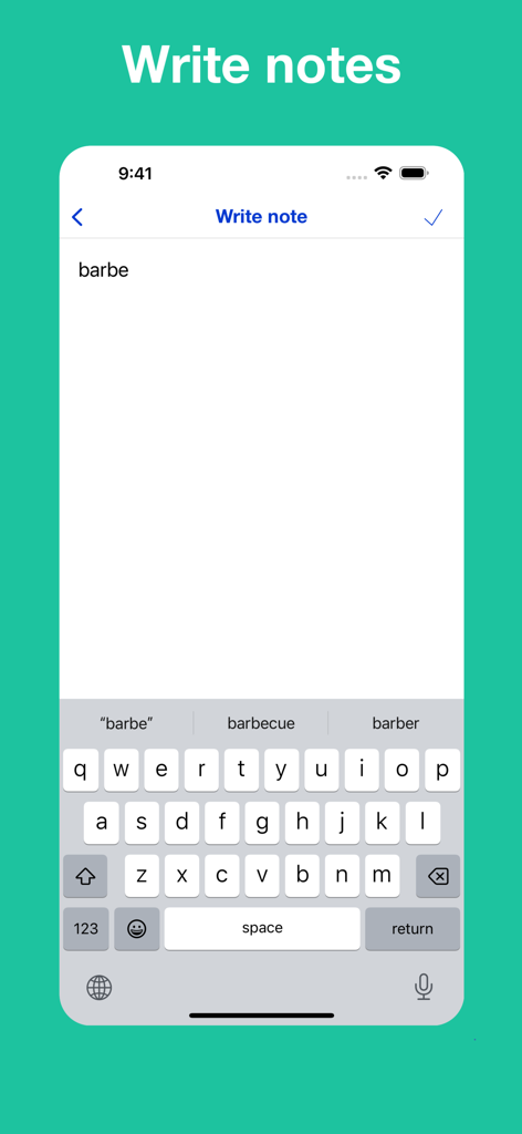 French Rhyme Dictionary - Interfaz de la aplicación Diccionario de Rimas en Francés que muestra la función de escribir notas con una palabra ingresada.