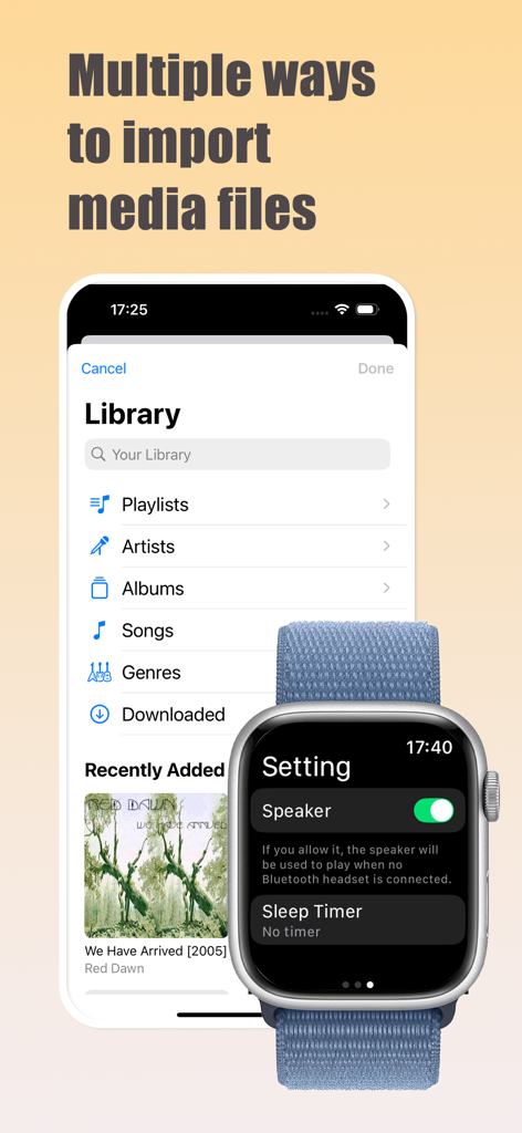 An iPhone displaying the music library and an Apple Watch showing settings for speaker and sleep timer within the WristPlayer app.