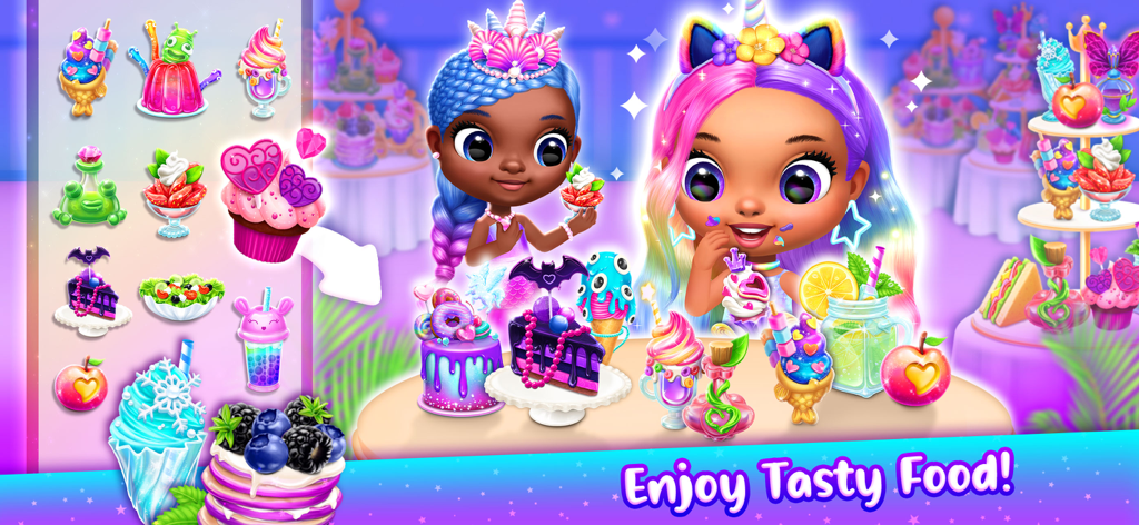 Dos muñecas de princesas en una mesa llena de pasteles y golosinas coloridas en un castillo mágico