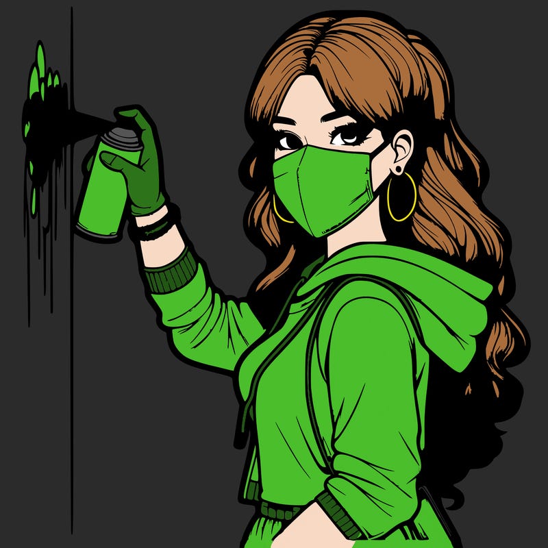 realistic girl with mask spray painting a wall