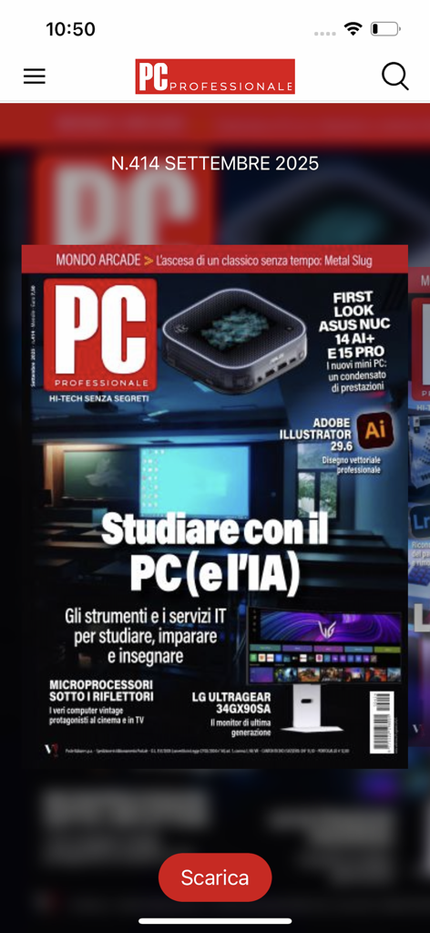 PC Professionale Digital magazine app interface showing the September 2025 issue cover with articles on AI and hardware