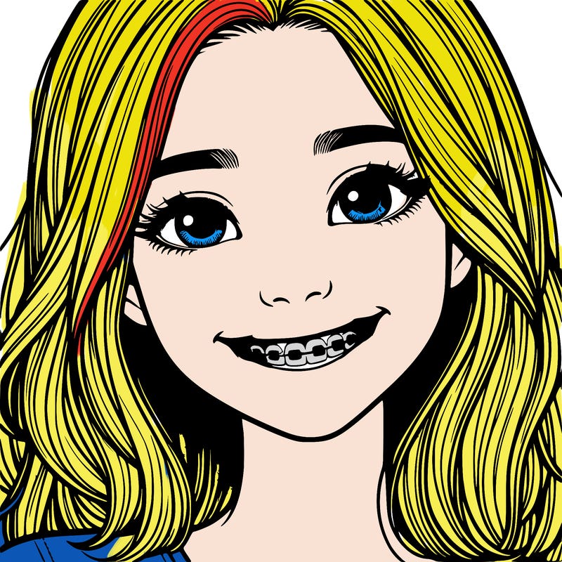 a girl with braces smiling with freckles realistic