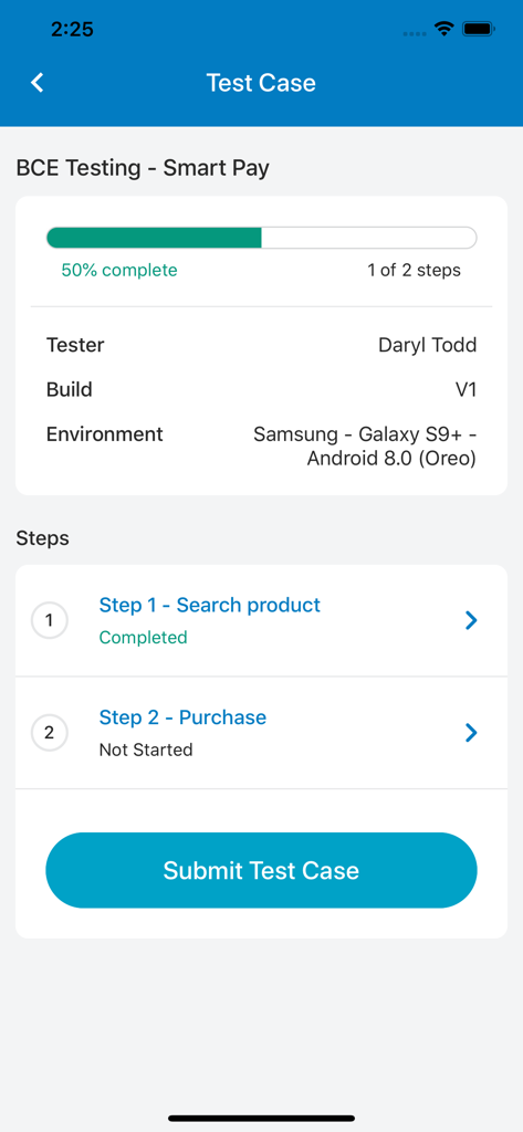 Interfaz de la aplicación uTest que muestra el progreso de un caso de prueba y pasos de prueba específicos.