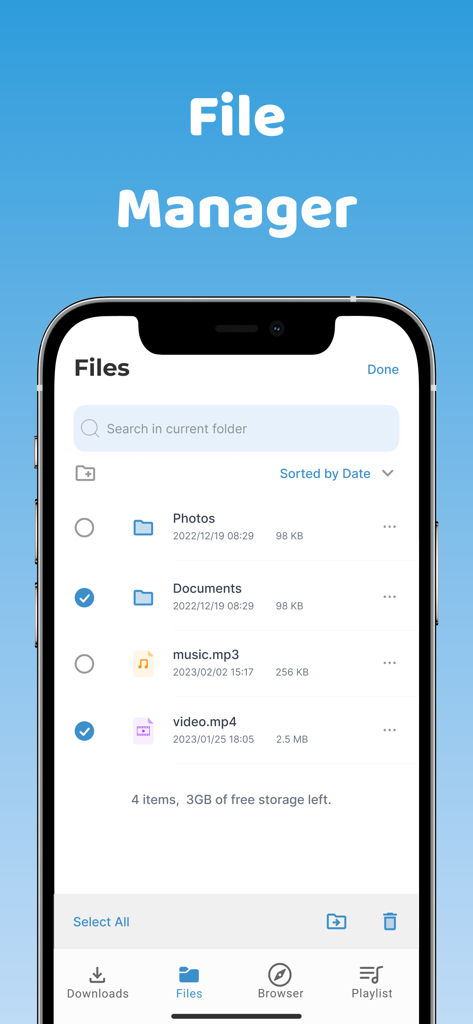 Interfaz de la aplicación Offline Pro que muestra el gestor de archivos con carpetas para fotos y documentos junto con archivos de música y vídeo