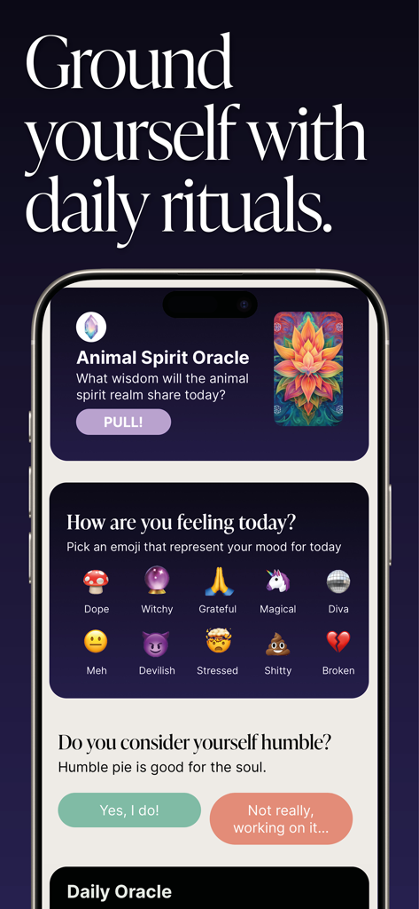 Saged app interface showing daily spiritual rituals with an animal spirit oracle and an emoji mood tracker