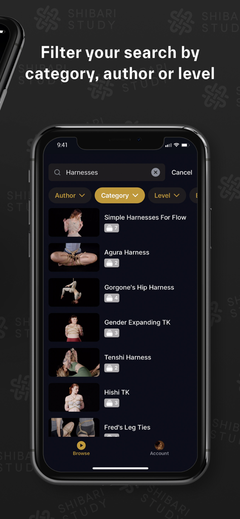 Interface de pesquisa do aplicativo Shibari Study mostrando vários tutoriais de arreios com corda com filtros de pesquisa.