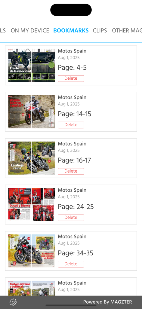 Motos Revista - Bookmarks screen in the Motos Revista app showing saved motorcycle magazine pages.