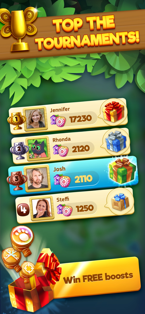 Tournament leaderboard in Tropicats showing top player rankings and prize rewards