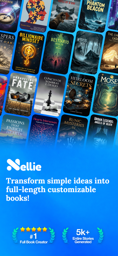 AI Book Writer - Nellie - Nellie AI Book Writer app interface showing a gallery of generated book covers and text promoting its ability to transform ideas into full length books