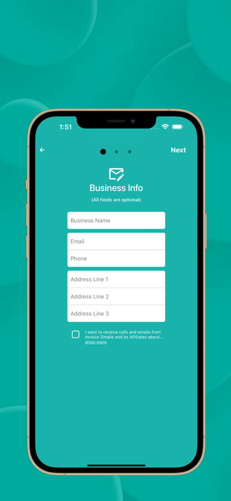 INVOICE SIMPLE - Tela de configuração de informações comerciais no aplicativo Invoice Simple com campos para nome da empresa, e-mail e endereço