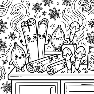 Discover a world of flavor and fun with this delightful coloring page featuring cheerful personified spices. Kids will love bringing to life the happy cinnamon sticks, smiling cardamom pods, and playful cloves.