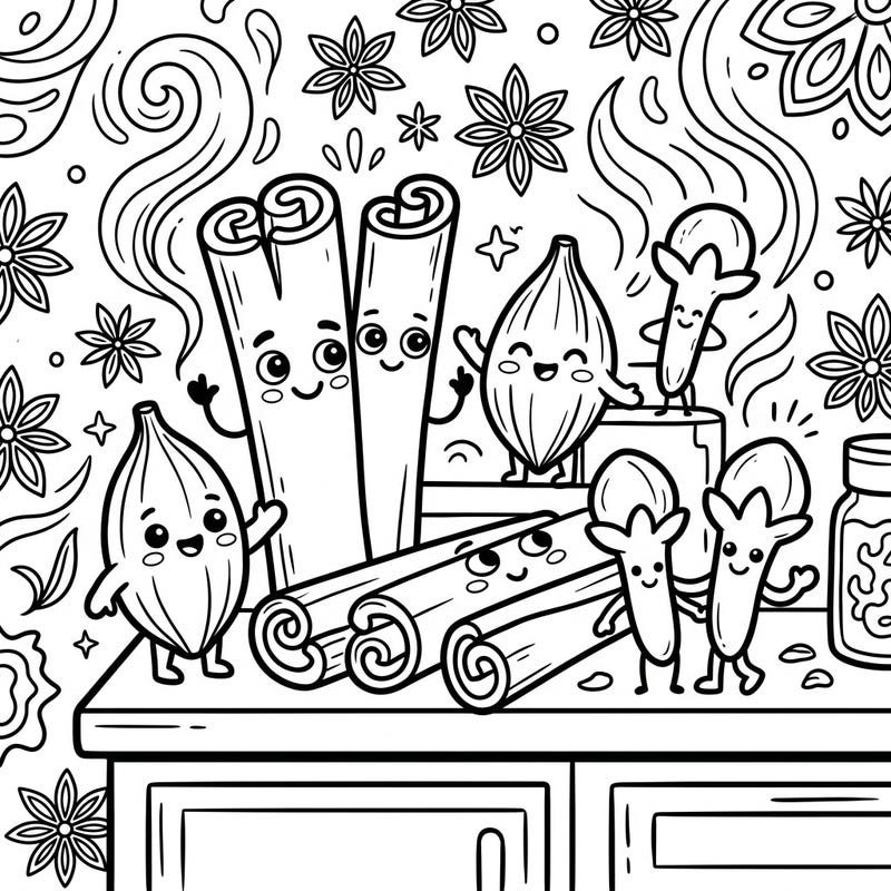 Discover a world of flavor and fun with this delightful coloring page featuring cheerful personified spices. Kids will love bringing to life the happy cinnamon sticks, smiling cardamom pods, and playful cloves.
