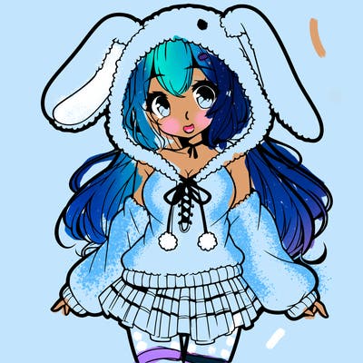pretty anime girl wearing a fluffy hoodie with bunny ears on the hood and a skirt