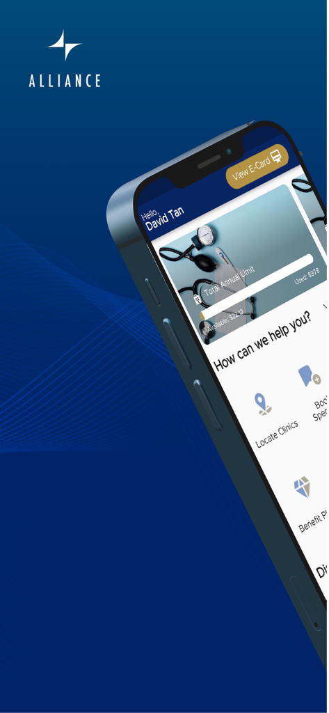 iCare 2.0 - Pantalla de inicio de la aplicación iCare 2.0 que muestra los límites de los beneficios de salud y los servicios de localización de clínicas en un teléfono inteligente