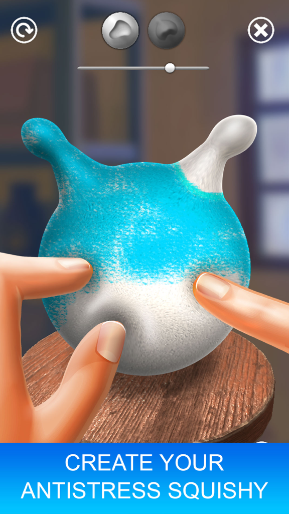 Make Super Squishy - Simulator - Hands decorating a blue and white antistress squishy toy in a 3D editor