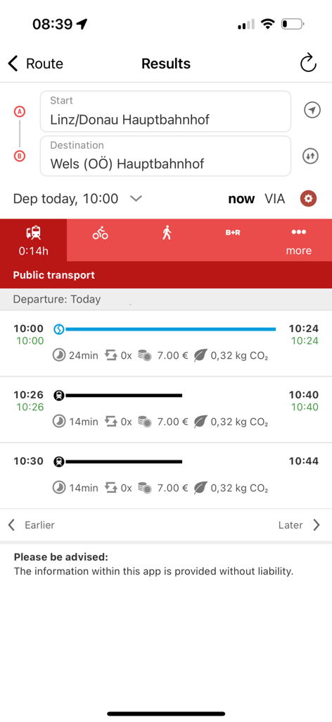 OÖVV Routenplaner - OÖVV Routenplaner app displaying public transport trip results from Linz to Wels.