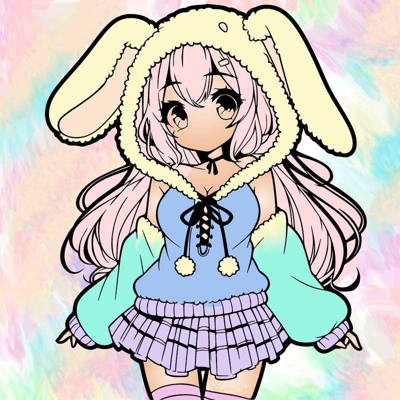 pretty anime girl wearing a fluffy hoodie with bunny ears on the hood and a skirt