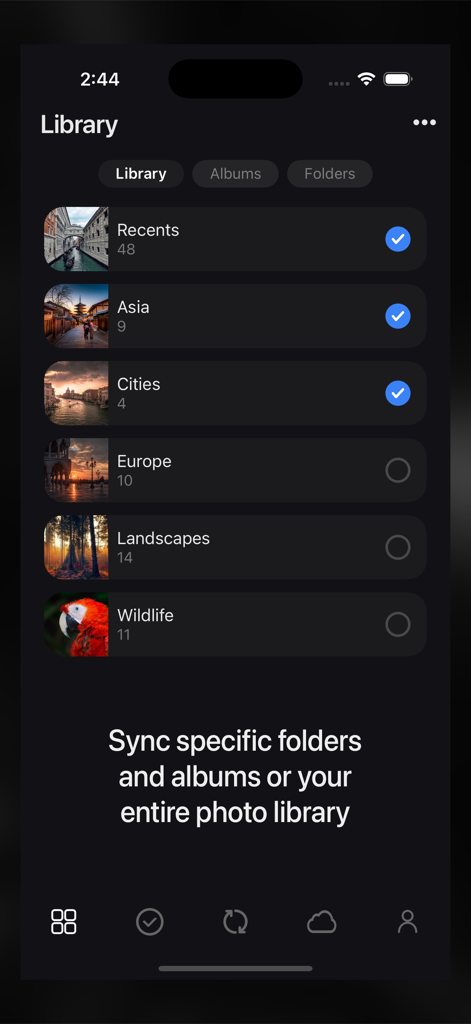 Sync with OneDrive - User interface of the Sync for OneDrive app showing a list of photo albums with checkboxes to select specific folders for synchronization