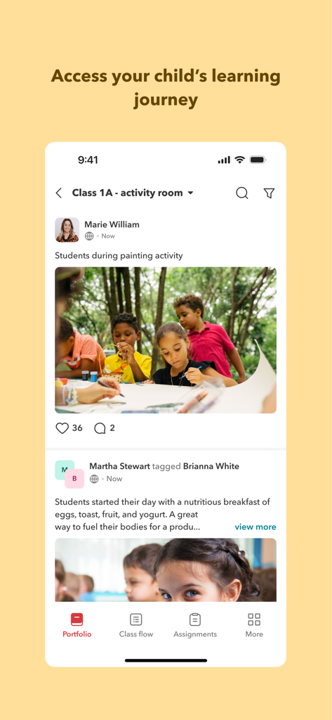 Toddle Family - Toddle Family app interface showing a child's learning journey and school portfolio activities