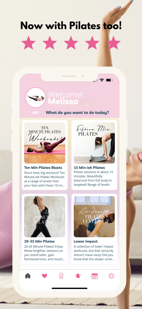 Barre Workouts by Fittbe - Mobile app interface for Fittbe showing a variety of Pilates workout options ranging from ten to thirty-five minutes.