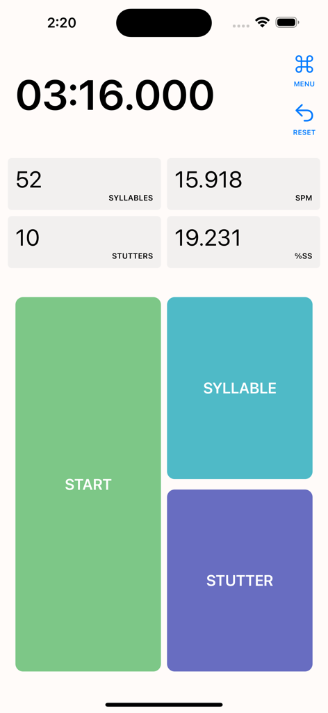 Fluency Calculator interface displaying syllables per minute and percentage of syllables stuttered